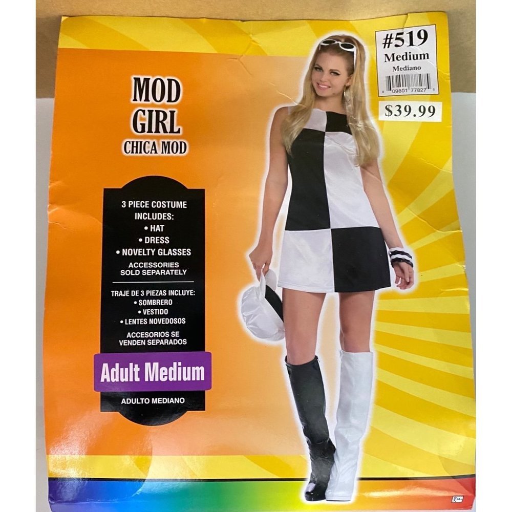 NEW Women Costume Size Medium US 6-8‎ Mod Girl Dress Hat Novelty Glasses